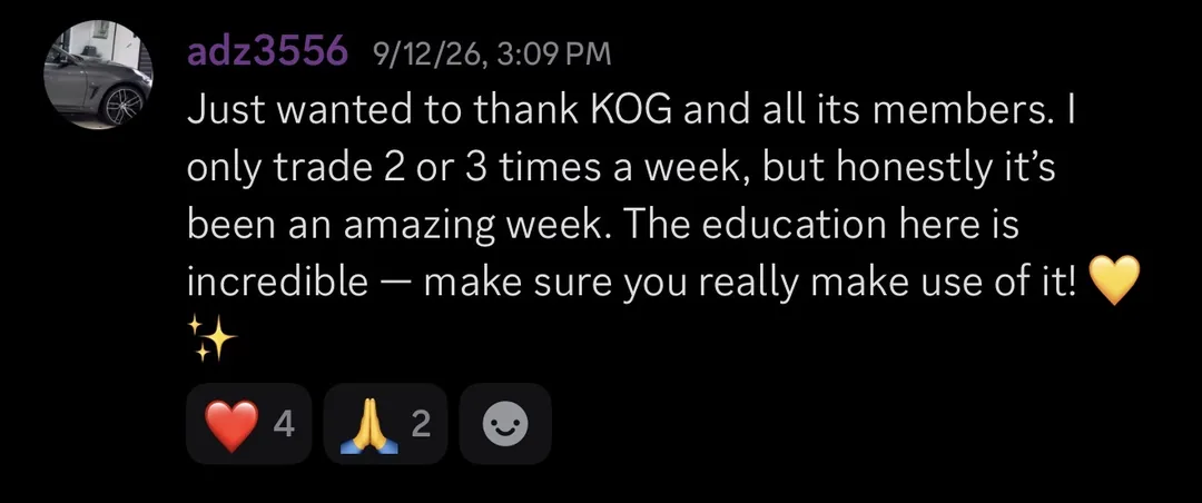 Knights of Gold member review: Just wanted to thank KOG and all its members. I only trade 2 or 3 times a week, but honestly it's been an amazing week. The education here is incredible - make sure you really make use of it!