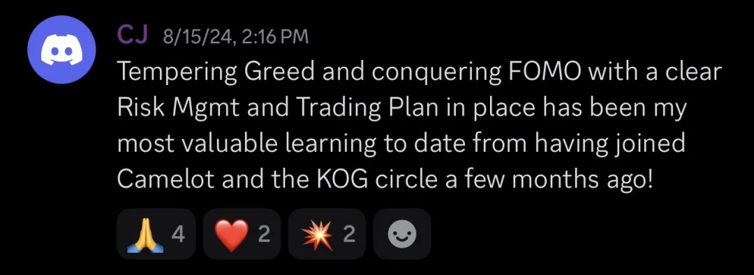 Knights of Gold member review: Tempering Greed and conquering FOMO with a clear Risk Mgmt and Trading Plan in place has been my most valuable learning to date from having joined Camelot and the KOG circle a few months ago!