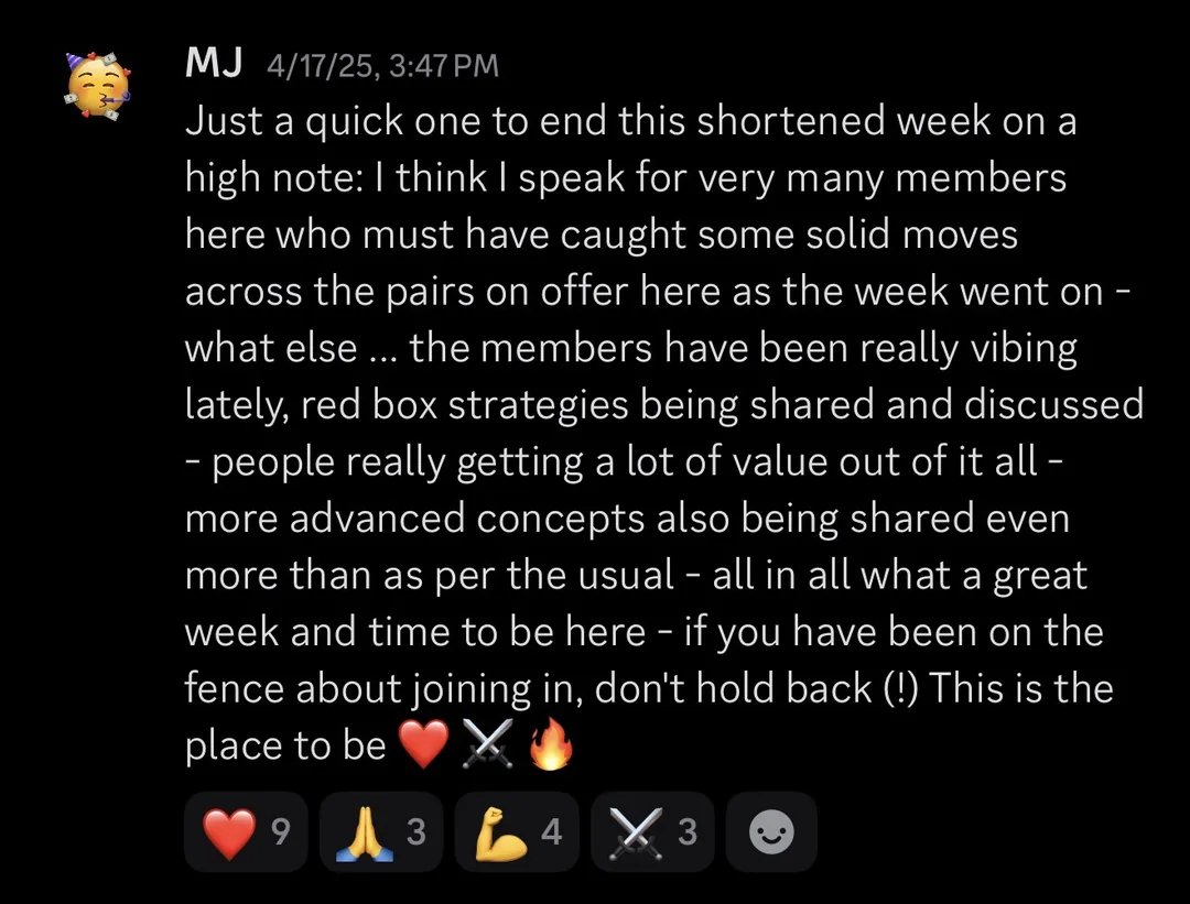 Knights of Gold member review: Just a quick one to end this shortened week on a high note: I think I speak for very many members here who must have caught some solid moves across the pairs on offer here as the week went on - what else... the members have been really vibing lately, red box strategies being shared and discussed - people really getting a lot of value out of it all - more advanced concepts also being shared even more than as per the usual - all in all what a great week and time to be here - if you have been on the fence about joining in, don't hold back (!) This is the place to be