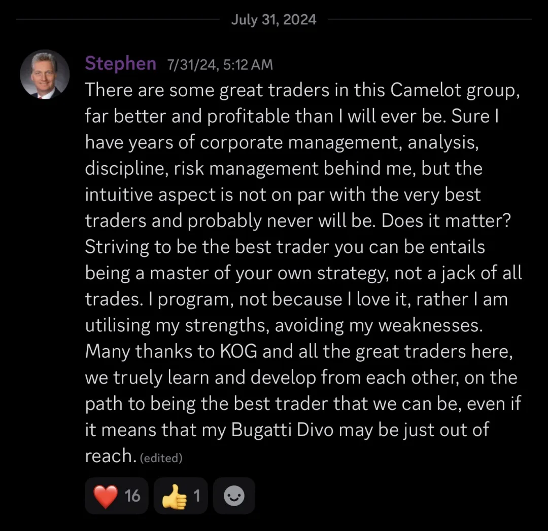 Knights of Gold member review: There are some great traders in this Camelot group, far better and profitable than I will ever be. Sure I have years of corporate management, analysis, discipline, risk management behind me, but the intuitive aspect is not on par with the very best traders and probably never will be. Does it matter? Striving to be the best trader you can be entails being a master of your own strategy, not a jack of all trades. I program, not because I love it, rather I am utilising my strengths, avoiding my weaknesses. Many thanks to KOG and all the great traders here, we truly learn and develop from each other, on the path to being the best trader that we can be, even if it means that my Bugatti Divo may be just out of reach.