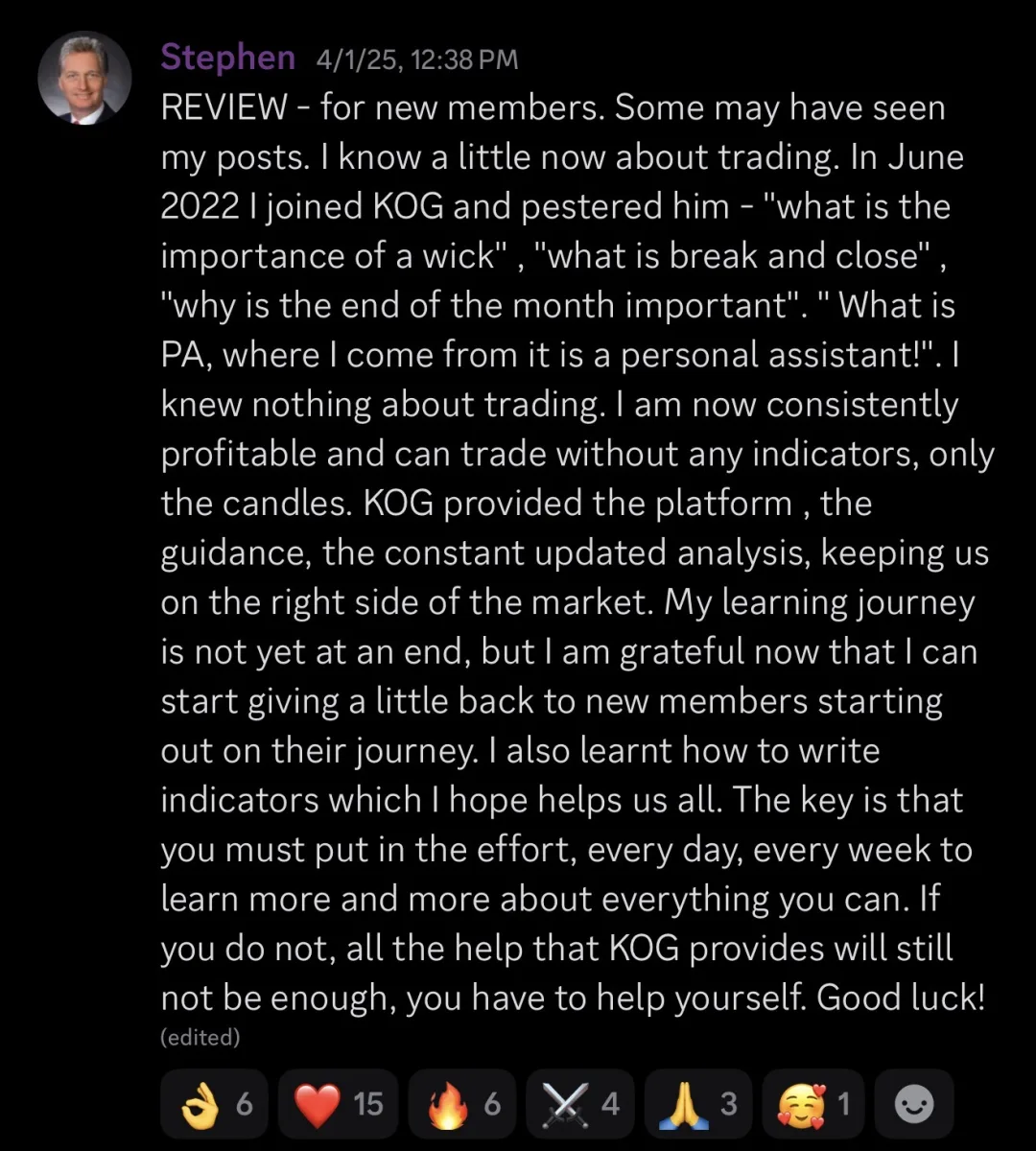 Knights of Gold member review: REVIEW - for new members. Some may have seen my posts. I know a little now about trading. In June 2022 I joined KOG and pestered him - "what is the importance of a wick", "what is break and close", "why is the end of the month important", "What is PA, where I come from it is a personal assistant!". I knew nothing about trading. I am now consistently profitable and can trade without any indicators, only the candles. KOG provided the platform, the guidance, the constant updated analysis, keeping us on the right side of the market. My learning journey is not yet at an end, but I am grateful now that I can start giving a little back to new members starting out on their journey. I also learnt how to write indicators which I hope helps us all. The key is that you must put in the effort, every day, every week to learn more and more about everything you can. If you do not, all the help that KOG provides will still not be enough, you have to help yourself. Good luck!