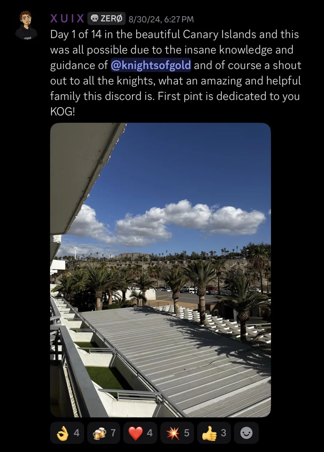 Knights of Gold member review: Day 1 of 14 in the beautiful Canary Islands and this was all possible due to the insane knowledge and guidance of KOG and of course a shout out to all the knights, what an amazing and helpful family this discord is. First pint is dedicated to you KOG!